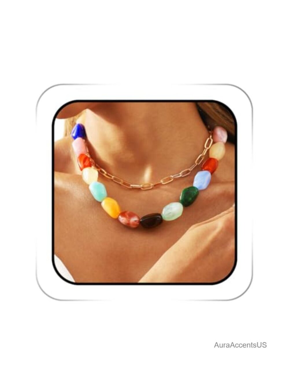 Chunky Gemstone Choker Necklace Multicolor Bead Statement Women's Jewelry